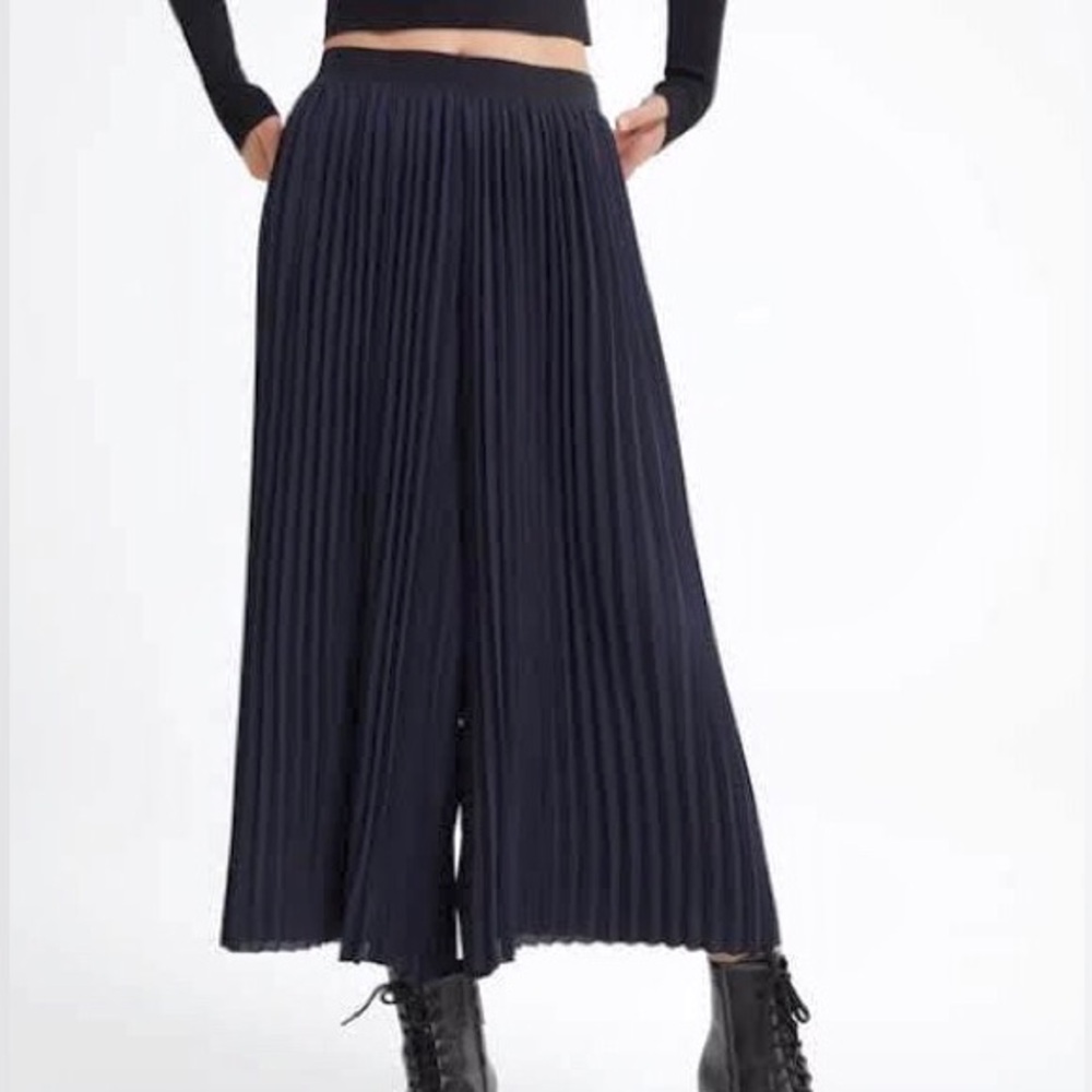 Zara Navy Pleated Wide-Leg Pants